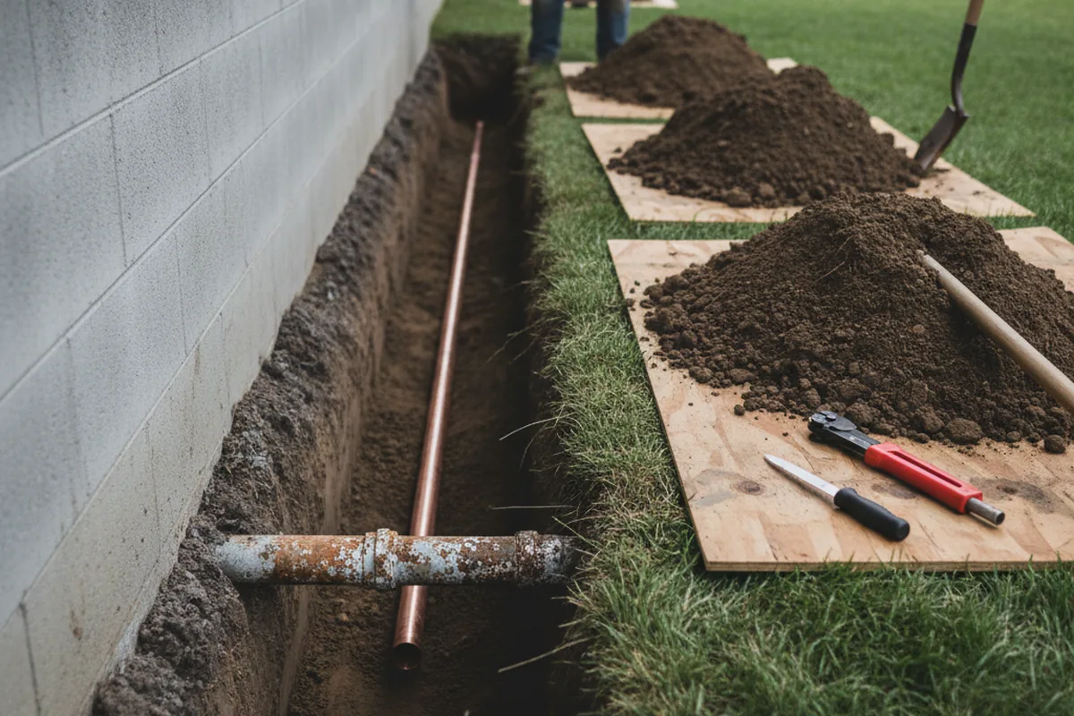 Excavated water line trench during Water Softener Installation in Florence
